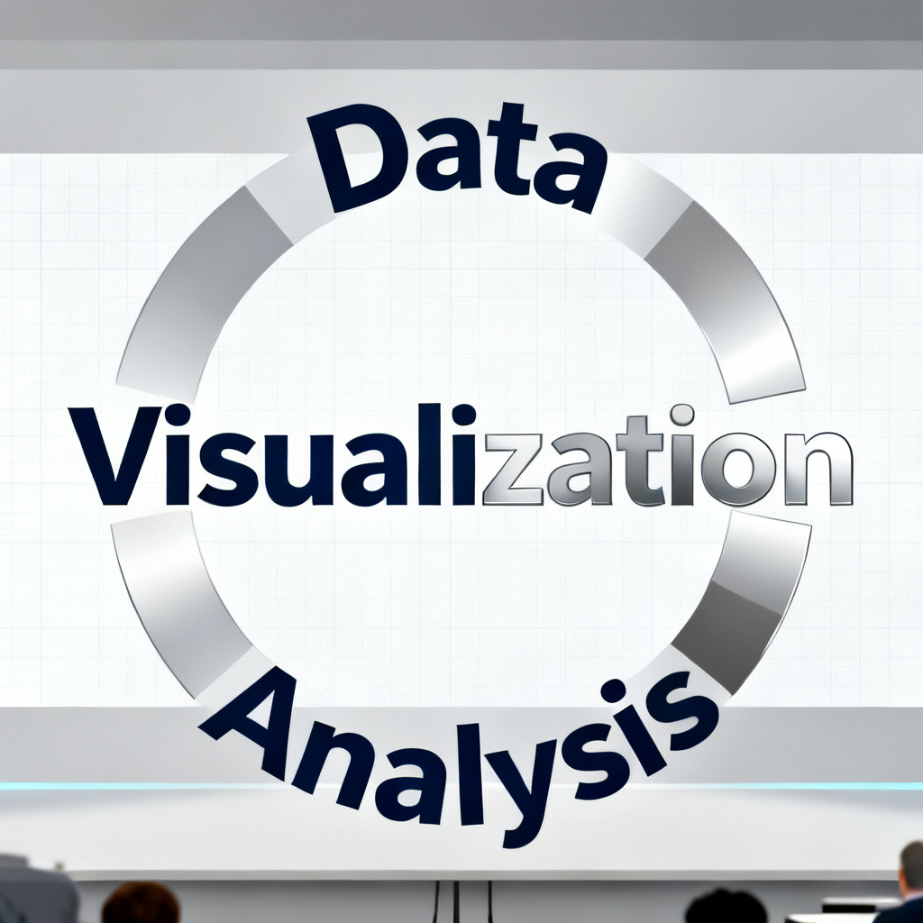 A transparent background SVG word cloud with "Data", "Visualization", and "Analysis" arranged in a circular shape, overlaying a business presentation slide.