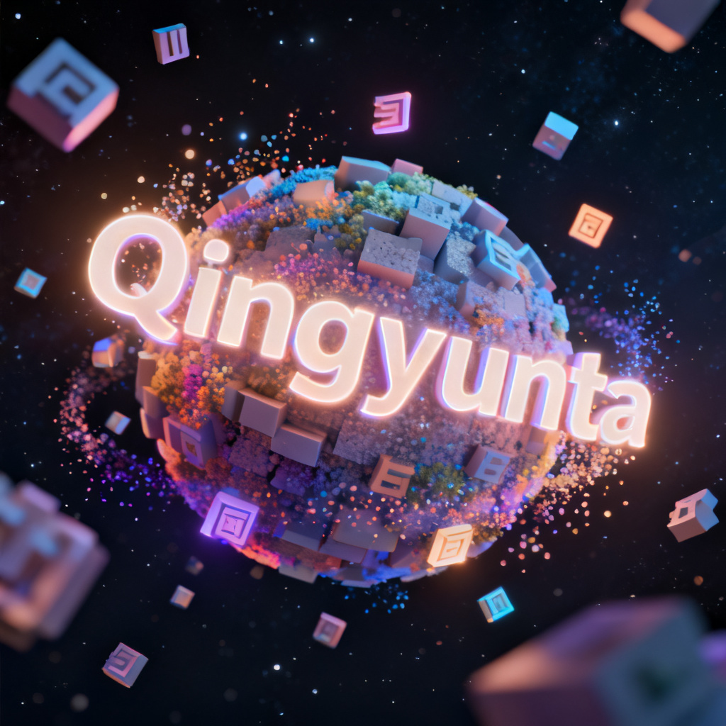 A stunning 3D word cloud with glowing text elements floating in space, with smooth rotation and particle effects, generated by Qingyuntu.