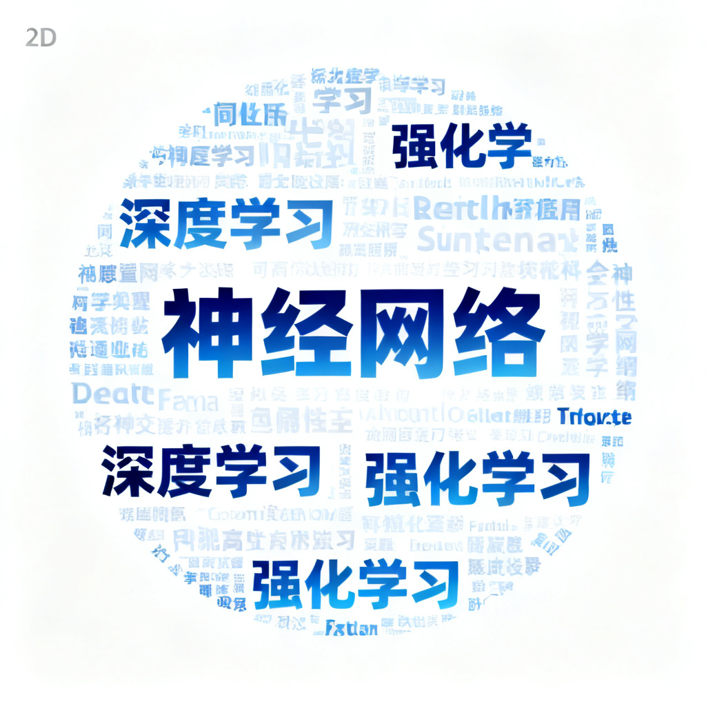 一个2D文字云，形状为圆形，关键词包括“神经网络、深度学习、强化学习”，背景白色，字体蓝色渐变，词频由中心向外递减