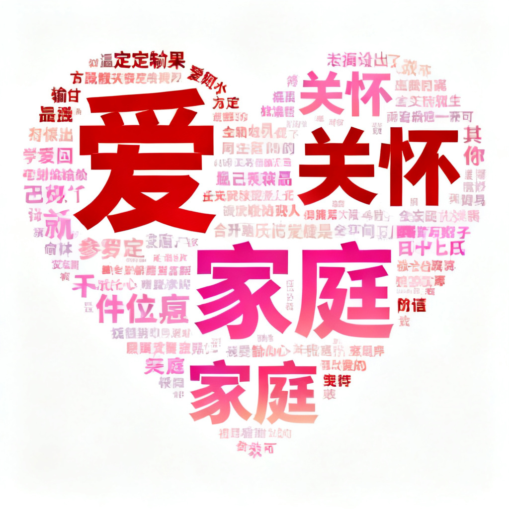 一个文字云以心形形状排列，关键词包括“爱”、“关怀”、“家庭”，背景为白色，文字颜色为红色和粉色渐变，展示自定义形状和高清输出效果