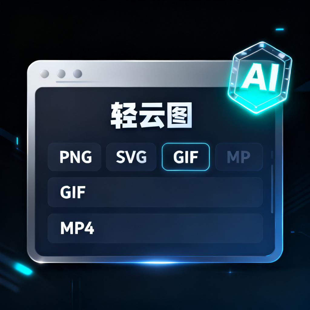 A sleek, futuristic interface of '轻云图' showing multiple export options (PNG, SVG, GIF, MP4) with a glowing 'AI' badge