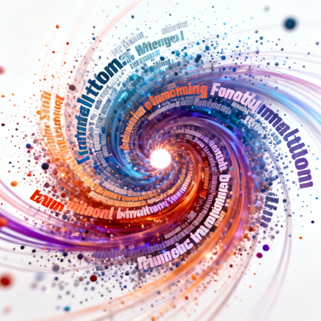 A final dynamic word cloud animation showing keywords bursting out and forming a spiral pattern, with smooth particle effects