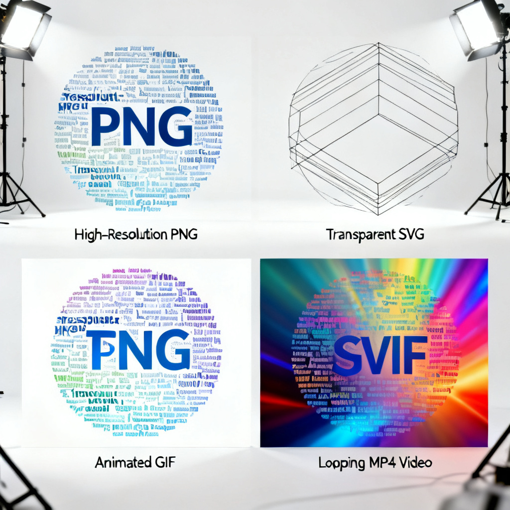 A montage showing four different output formats of the same word cloud: a high-resolution PNG, a transparent SVG, an animated GIF, and a looping MP4 video, all displayed on a clean white background, with labels for each format, professional studio lighting