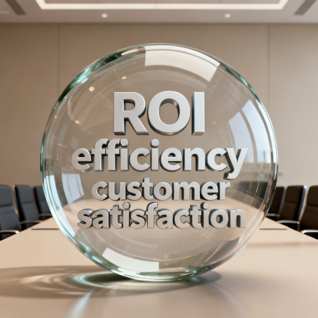 A professional 3D word cloud in a boardroom PPT slide, with terms like 'ROI', 'efficiency', and 'customer satisfaction', displayed in a sleek glass sphere with soft shadow effects