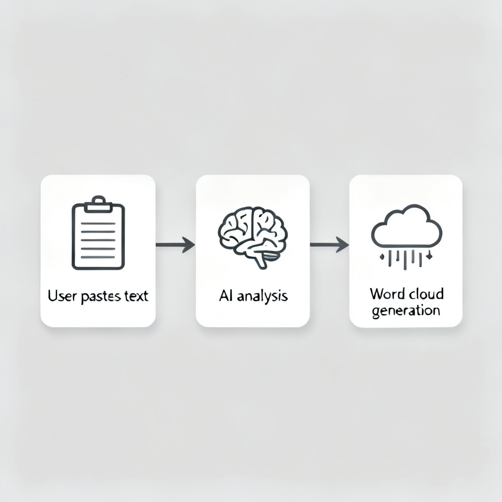 A flowchart showing the workflow: user pastes text → AI analysis → word cloud generation, with icons representing each step, in a minimalist style.
