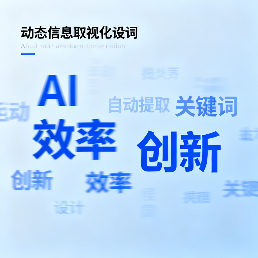 一个动态文字云生成过程，关键词包括“AI”、“效率”、“创新”，背景为浅蓝色，文字从模糊到清晰逐步浮现，展现AI自动提取关键词的流程