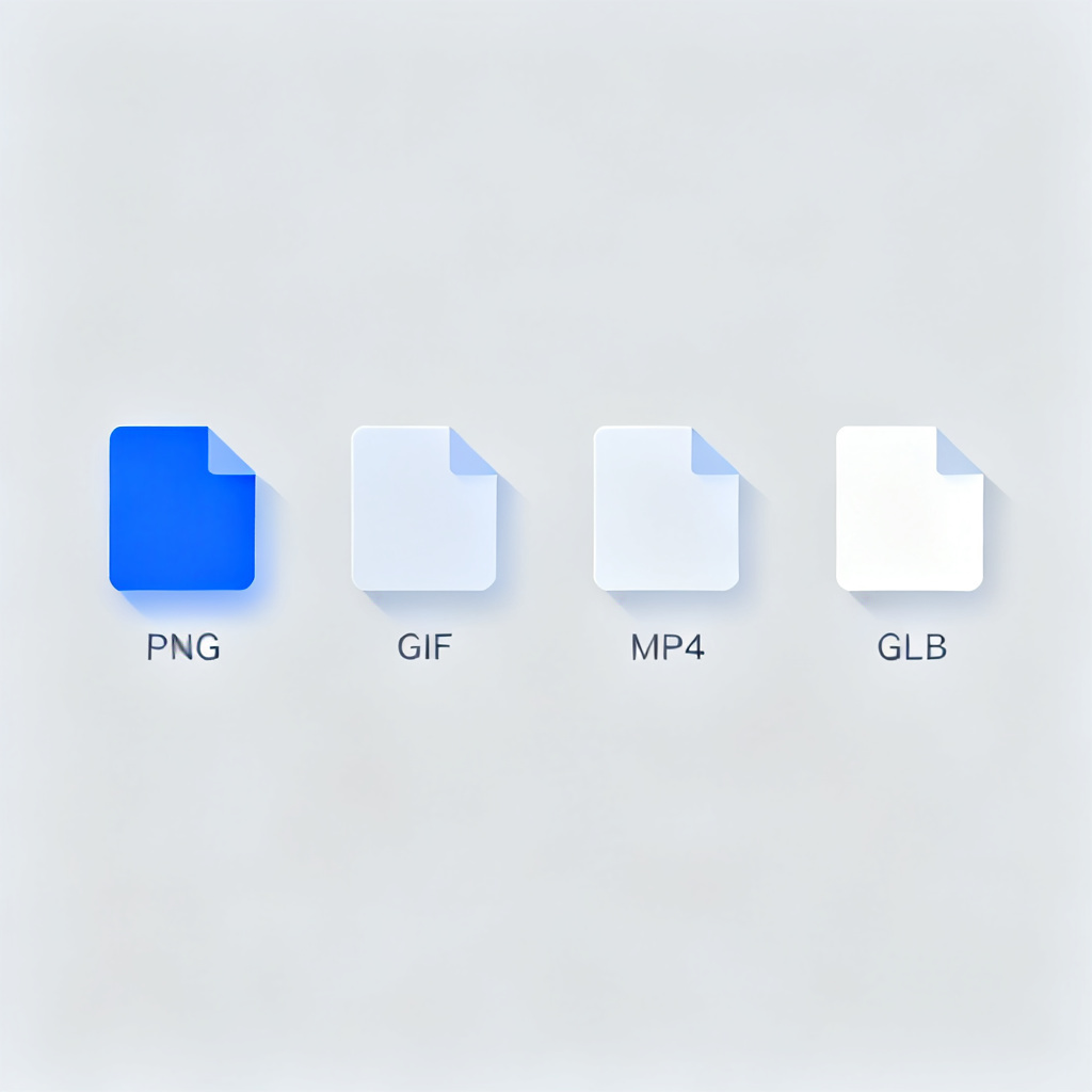 Multiple export format options interface showing PNG, SVG, GIF, MP4, and GLB icons with a clean modern design