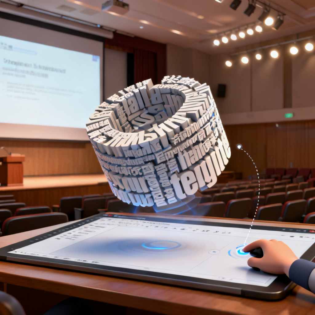 轻云图生成的3D词云模型嵌入PPT的演示场景，展示鼠标拖拽旋转词云的交互效果，背景为学术报告厅