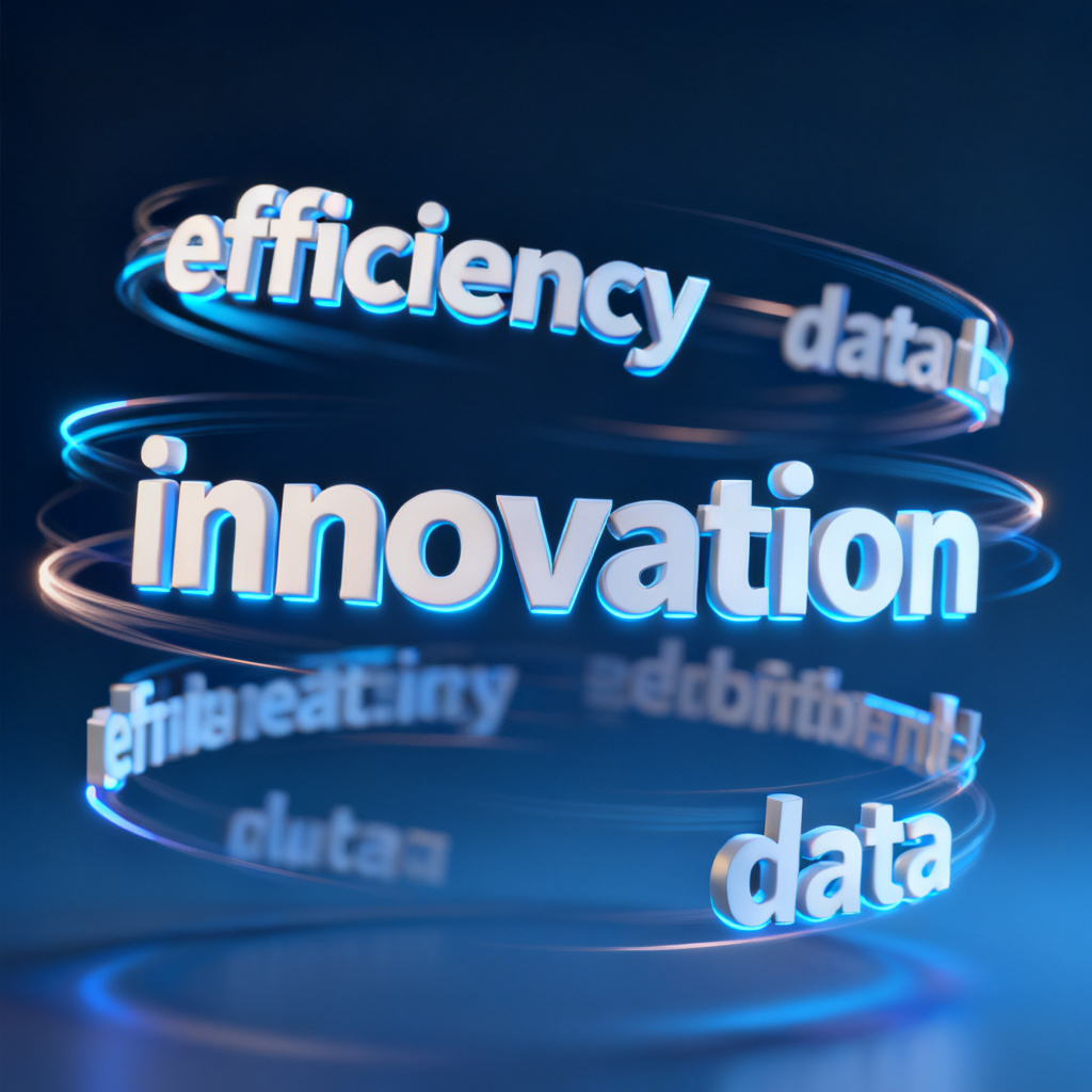 A dynamic 3D word cloud with keywords like 'efficiency', 'innovation', 'data' floating and rotating in a dark blue gradient background, with glowing edges and smooth animation trails.