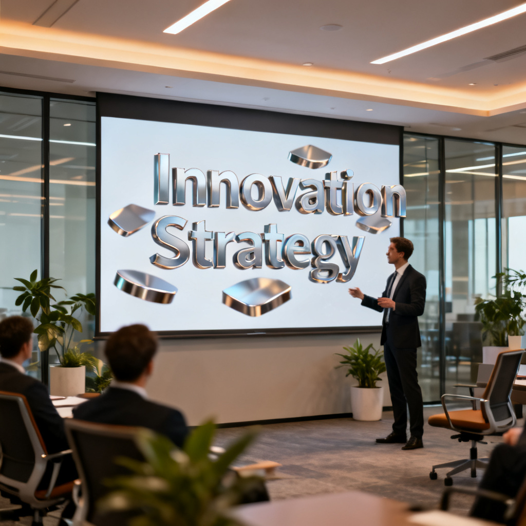 A professional in a business meeting presenting a 3D word cloud on a large screen, keywords like 'Innovation' and 'Strategy' floating in the air, modern office setting, photorealistic