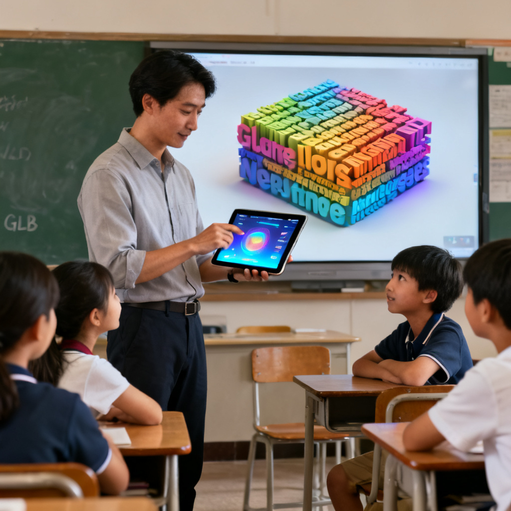 一名教育工作者正在使用轻云图，屏幕上显示3D文字云模型，他同时操作平板展示GLB格式的互动效果，背景为教室，学生围坐