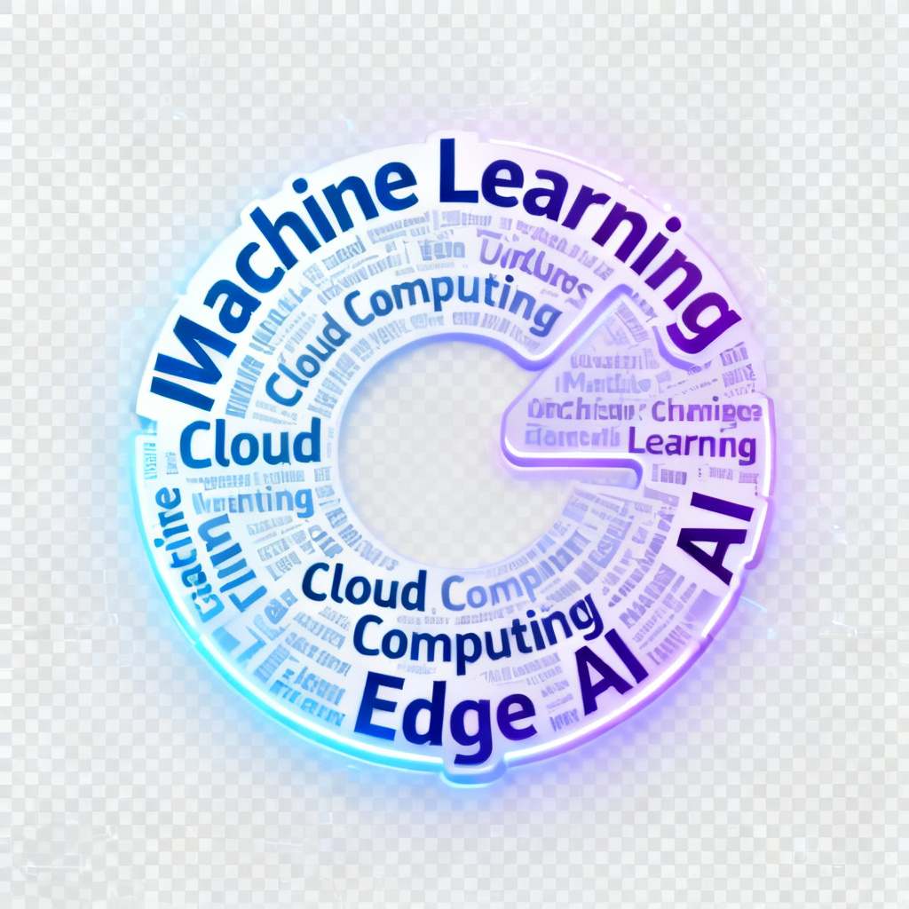 A word cloud shaped like a tech company logo, with keywords like "Machine Learning," "Cloud Computing," and "Edge AI" arranged in a circular pattern. The words are in a gradient of blue to purple, with a subtle glowing edge. The background is transparent.