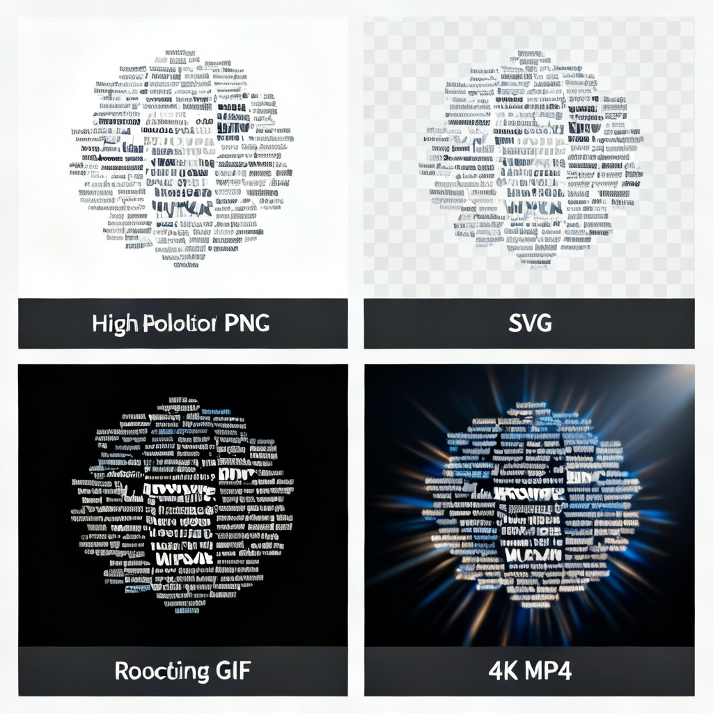 A montage of different output formats: a high-resolution PNG, a transparent SVG, a looping GIF, and a 4K MP4 video, all showing the same word cloud content