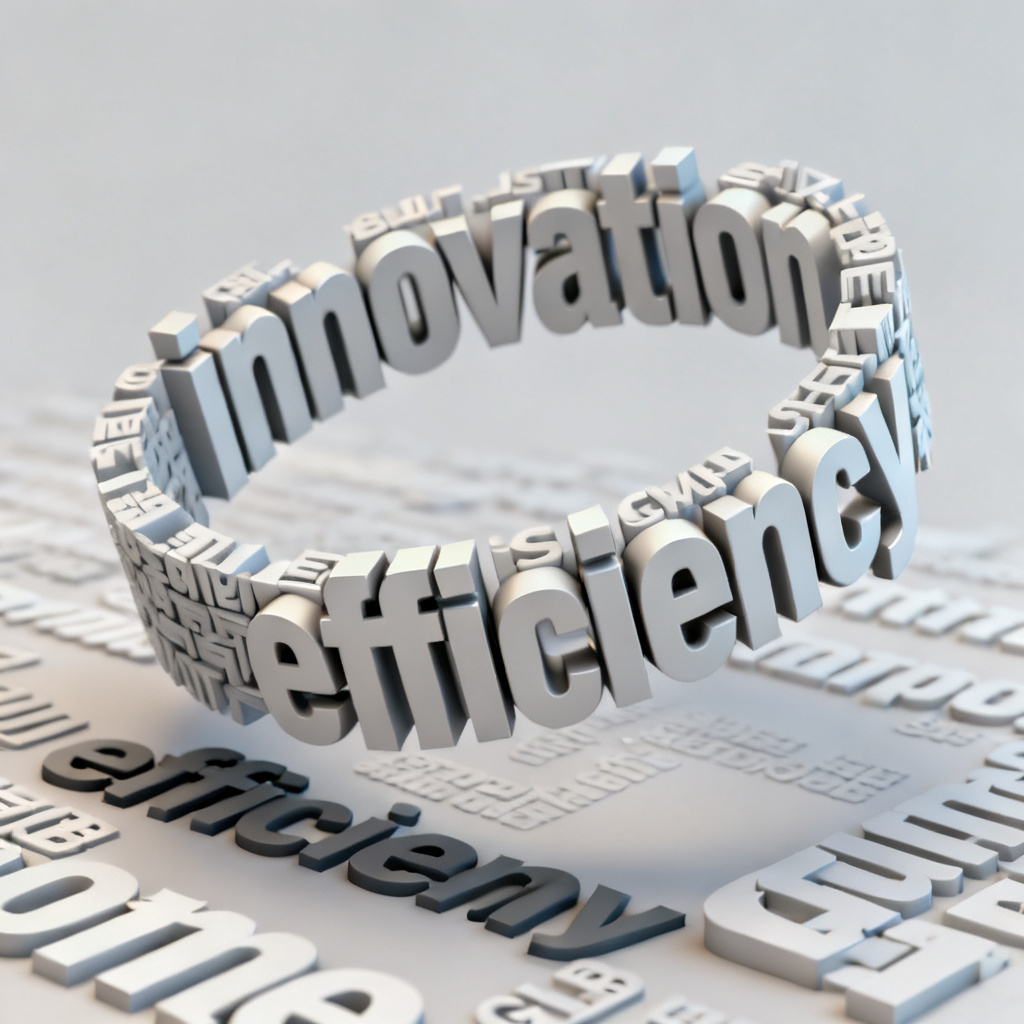 A 3D word cloud with rotating animation, displaying keywords like "innovation" and "efficiency", exportable as GLB format.