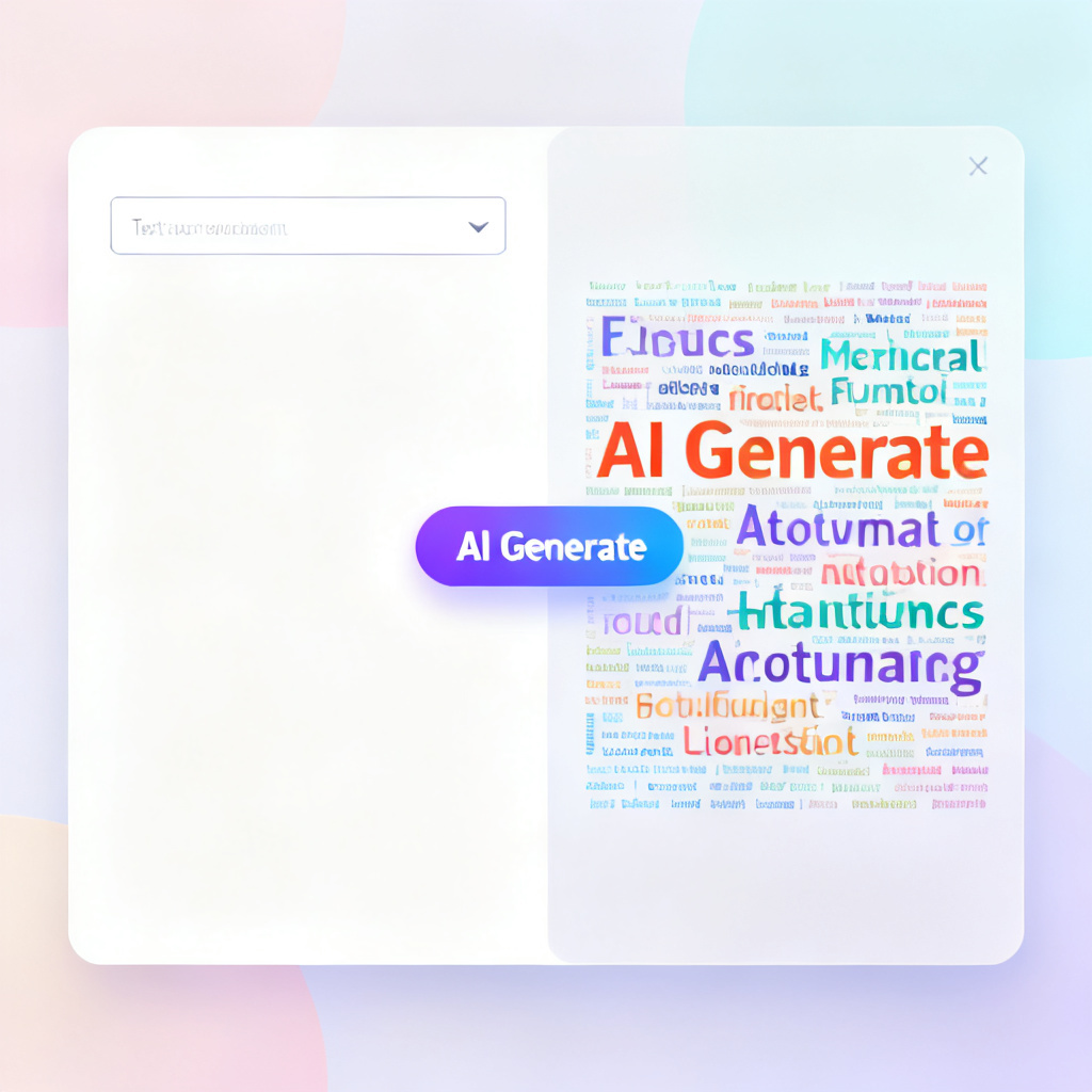 A user interface of a word cloud generation tool showing a simple text input box on the left, and a polished, colorful word cloud output on the right. The interface is clean, with a button labeled "AI Generate" prominently displayed. The scene conveys efficiency and automation, with no visible manual controls for word filtering.
