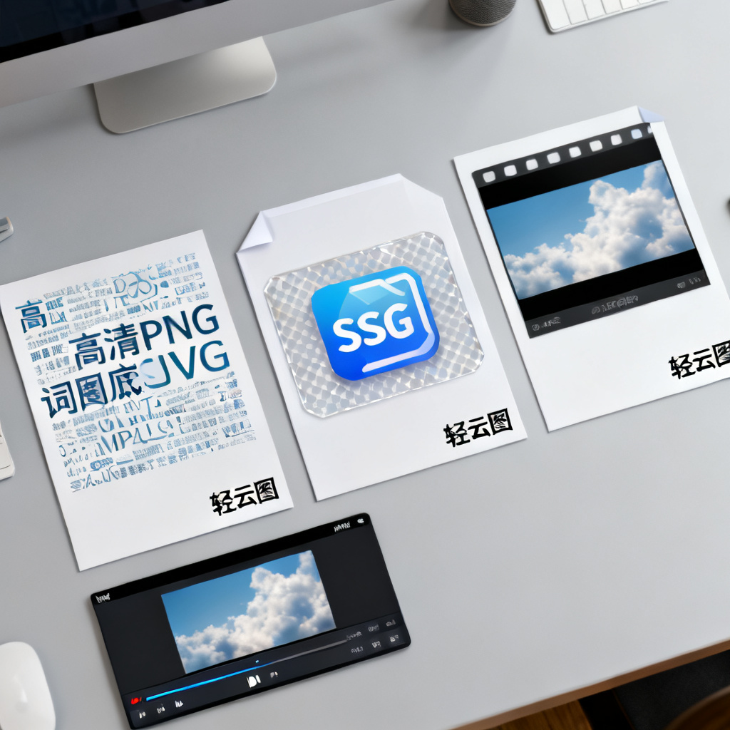 一张桌面俯视图，显示着轻云图导出的四种文件：左侧是一张高清PNG词云图片，中间是一个透明底SVG文件图标，右侧是动态GIF的预览画面，底部是MP4视频播放器界面，所有文件均带有“轻云图”水印。