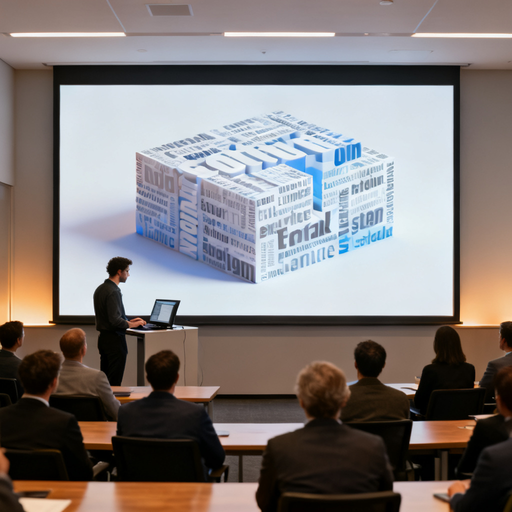 一张展示轻云图应用于PPT演示的场景图，会议室内大屏幕上显示3D词云模型，演讲者正在操作，观众专注观看，画面传达出专业、高效、引人注目的氛围。