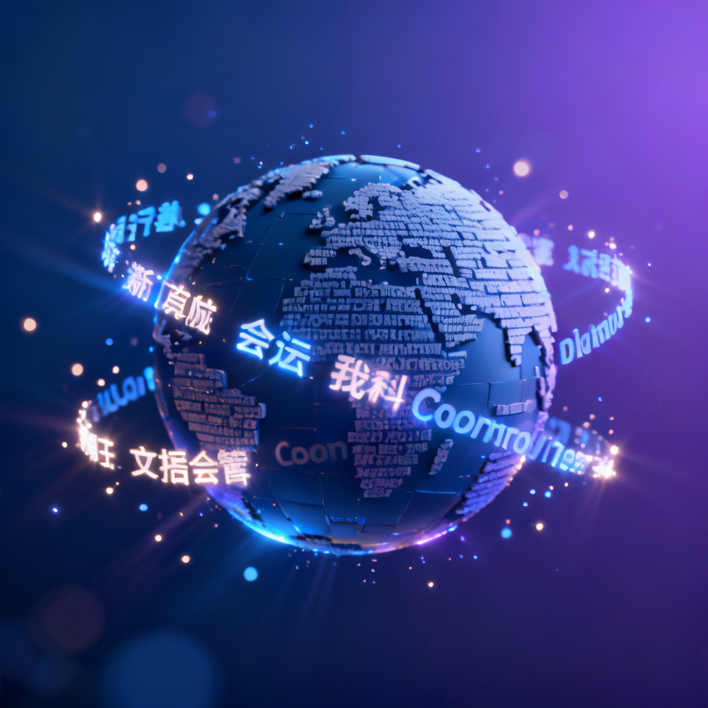 A 3D word cloud in the shape of a globe, with glowing text particles orbiting around it. The words are in Chinese and English, with a gradient background of deep blue to purple. The style is cinematic, with volumetric lighting and depth of field. The overall feel is futuristic and premium.