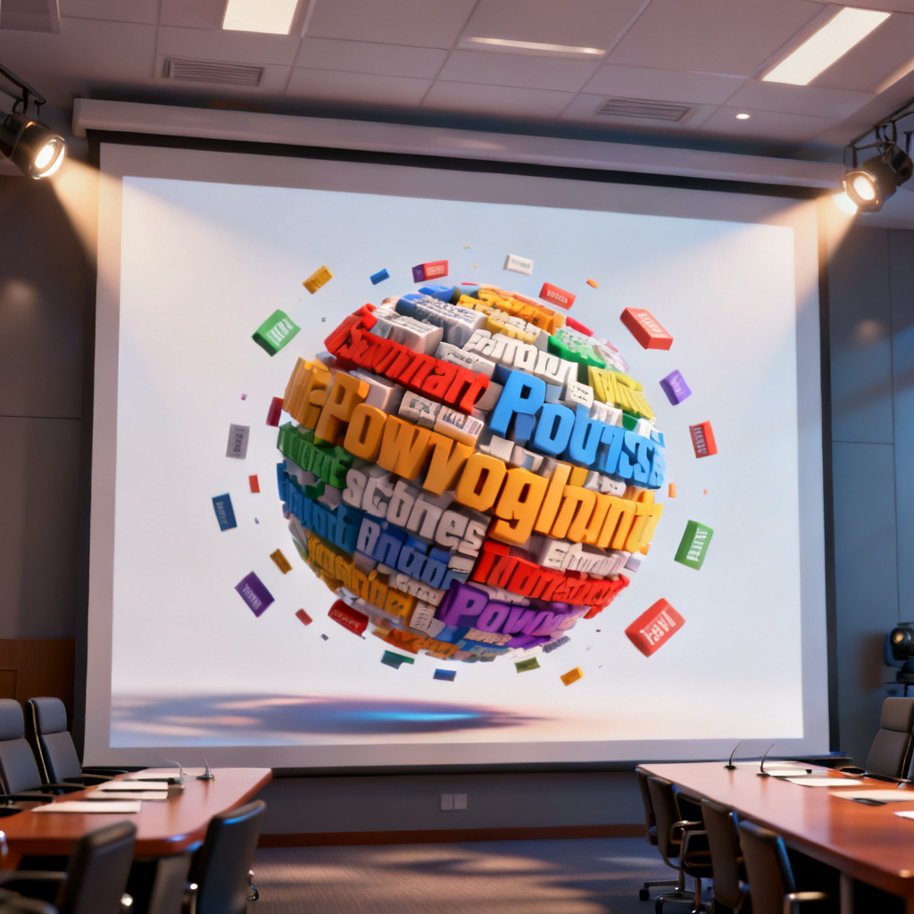 A 3D word cloud rotating inside a PowerPoint slide, with colorful text blocks floating in space, professional conference room background, cinematic lighting