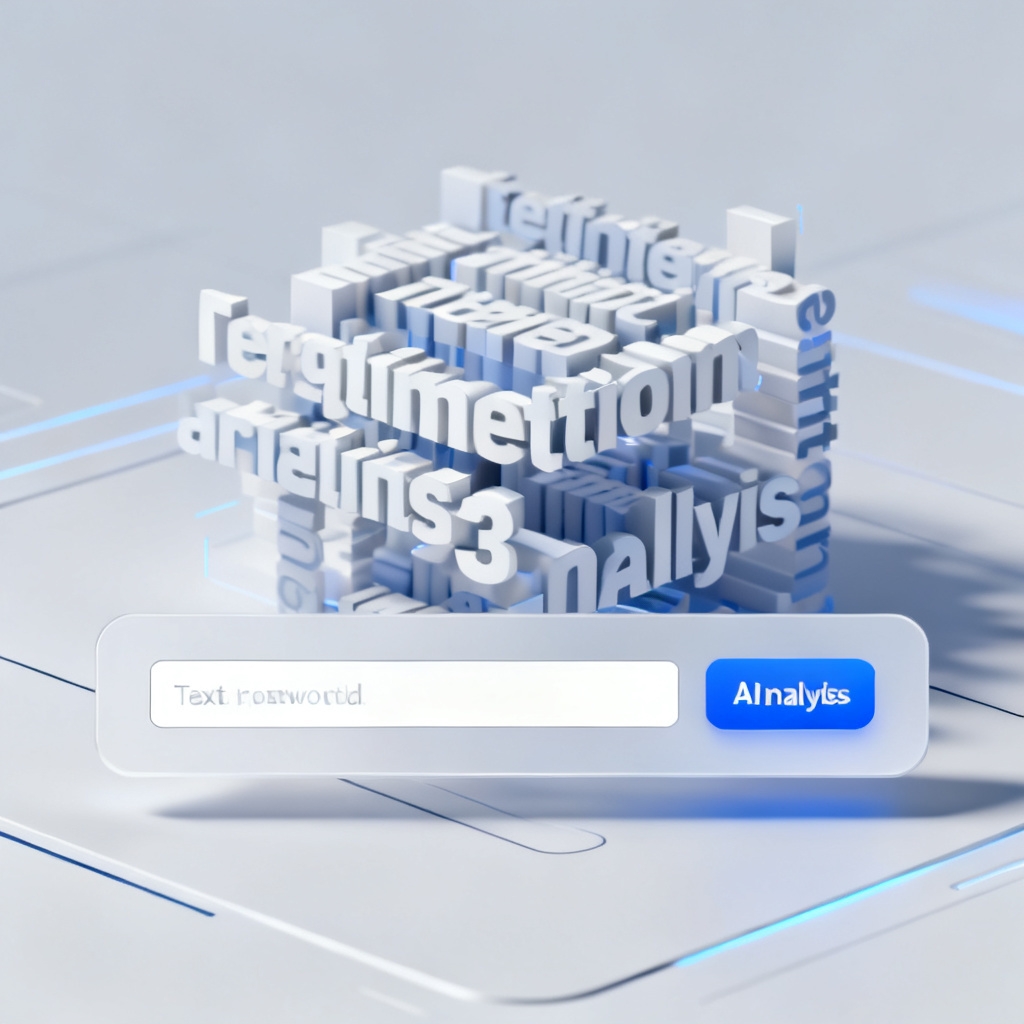 A sleek user interface of a word cloud generator showing a text input box and an AI-powered analysis button, with a 3D word cloud forming dynamically in the background