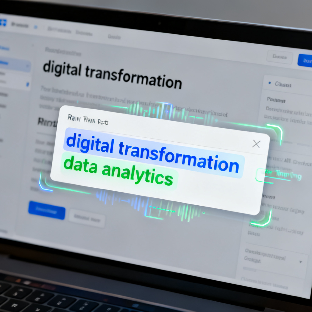 A computer screen displays a user interface where raw text is being pasted into a box. The interface highlights core keywords like "digital transformation" and "data analytics" in different colors, showing real-time AI processing.