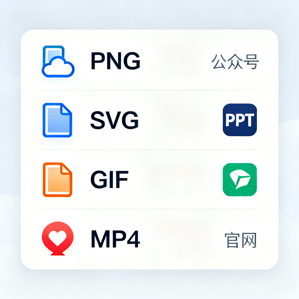 轻云图导出格式列表图标，包含PNG、SVG、GIF、MP4四种格式，每个格式旁配有对应平台图标，如公众号、PPT、官网，背景为整洁的扁平化设计。