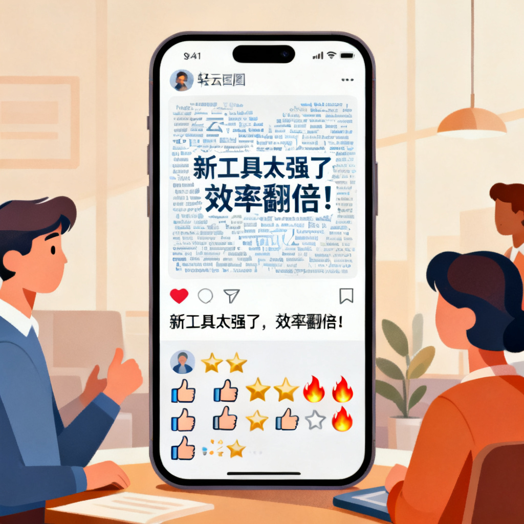 用户使用轻云图后的社交场景:手机屏幕显示一条朋友圈,配图为轻云图生成的高质量文字云,配文“新工具太强了,效率翻倍!”,下方点赞和评论众多,表情符号表示赞赏