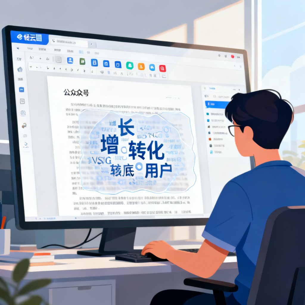 一位新媒体运营人员坐在电脑前，屏幕上显示轻云图界面，旁边是一篇正在编辑的公众号文章，文字云配图以透明底SVG格式嵌入文章中间，核心关键词如“增长”、“转化”、“用户”清晰可见。