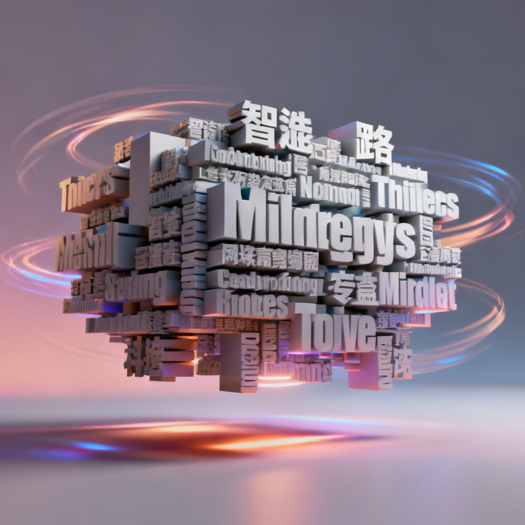 一个3D立体文字云模型，由多个关键词组成，悬浮在虚拟空间，带有动态光影效果，背景是渐变色