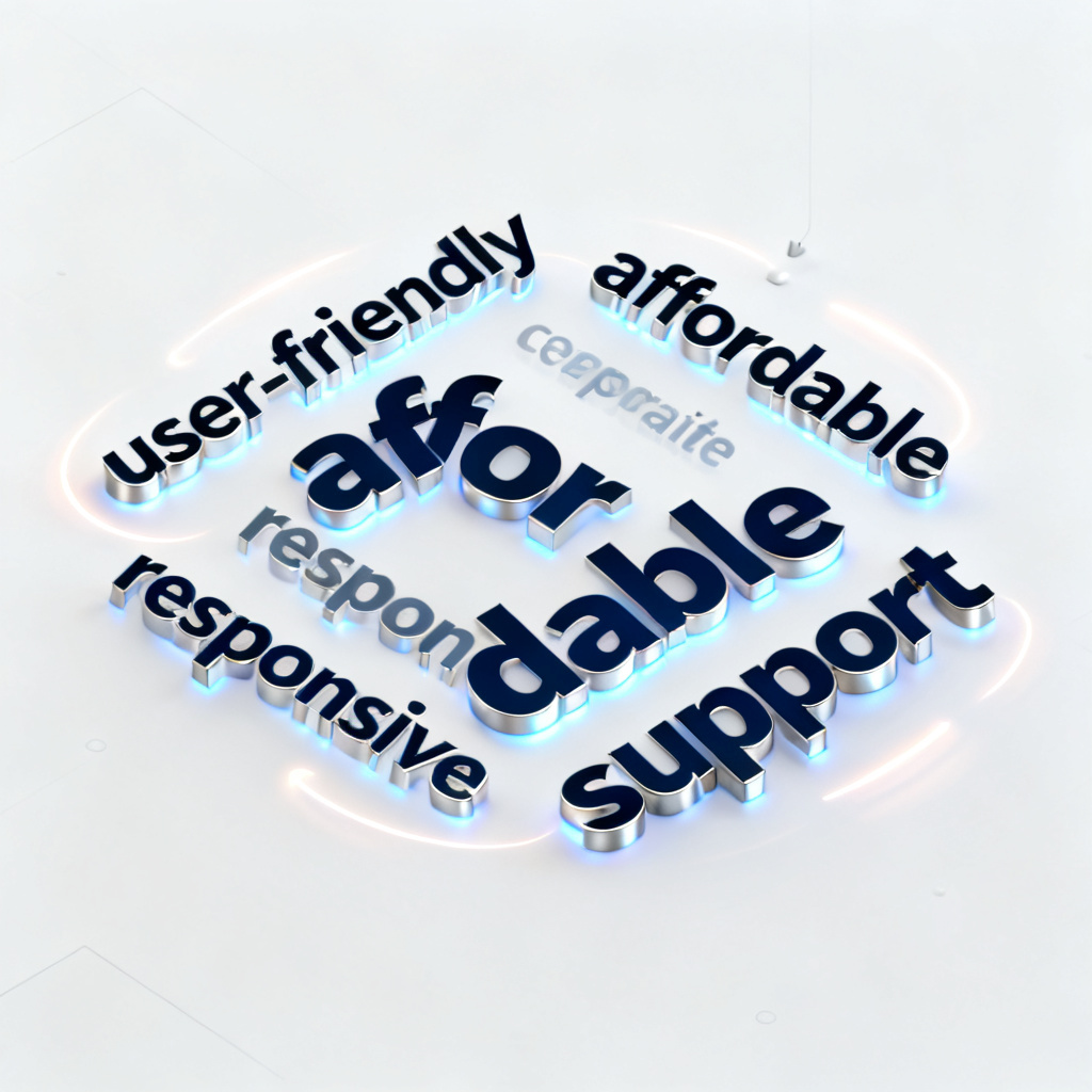 A sleek corporate website homepage with an interactive 3D word cloud in the center, showing glowing keywords like "user-friendly," "affordable," and "responsive support" that users can rotate with mouse drag
