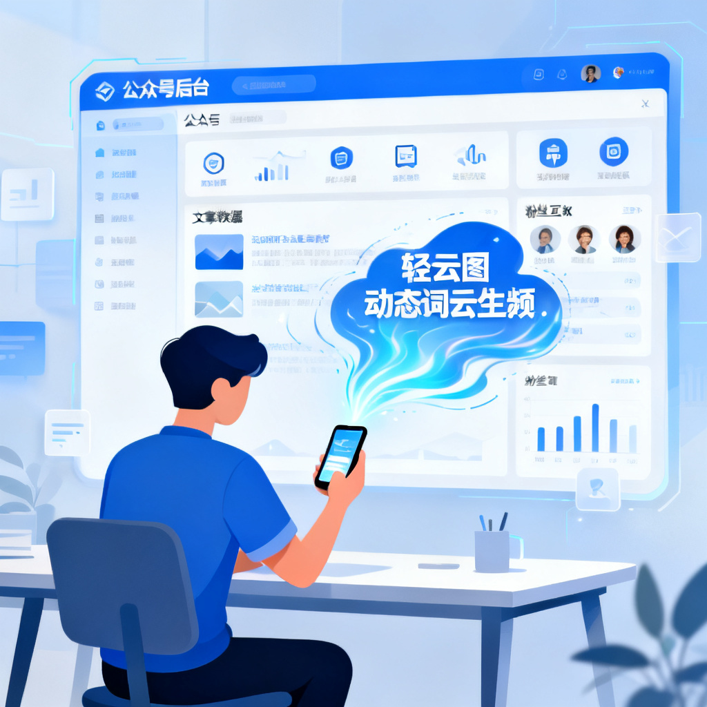 一位新媒体编辑在手机端接收轻云图生成的动态词云视频，背景是公众号后台界面