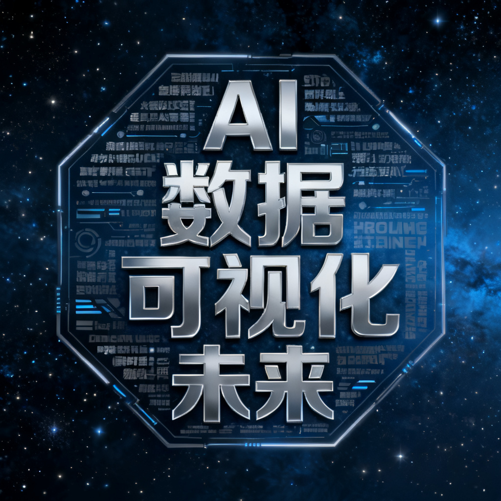 一个由轻云图生成的文字云，形状为科技感的六边形，关键词包括“AI”“数据”“可视化”“未来”，文字颜色为银灰色，背景为深蓝色星空，整体风格冷峻高级