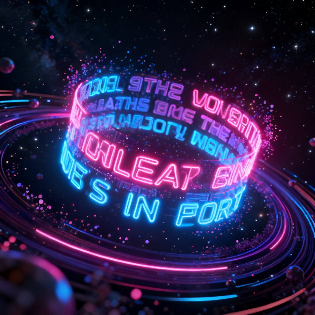 A futuristic 3D word cloud floating in space, with glowing neon words rotating smoothly, surrounded by particle effects and dynamic light trails, showcasing high-tech visual impact.