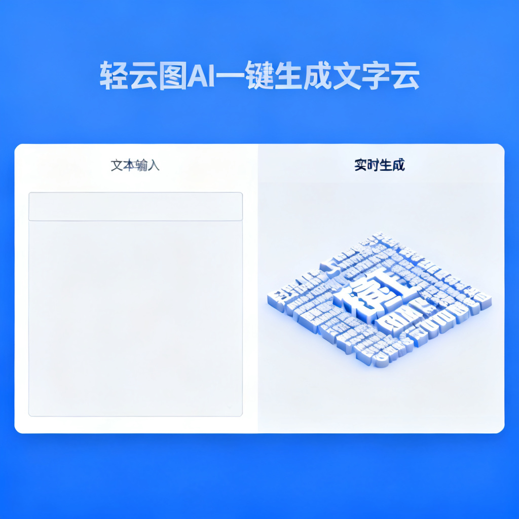 显示轻云图AI一键生成文字云的界面，左侧是文本输入框，右侧实时生成3D文字云，背景简洁科技感