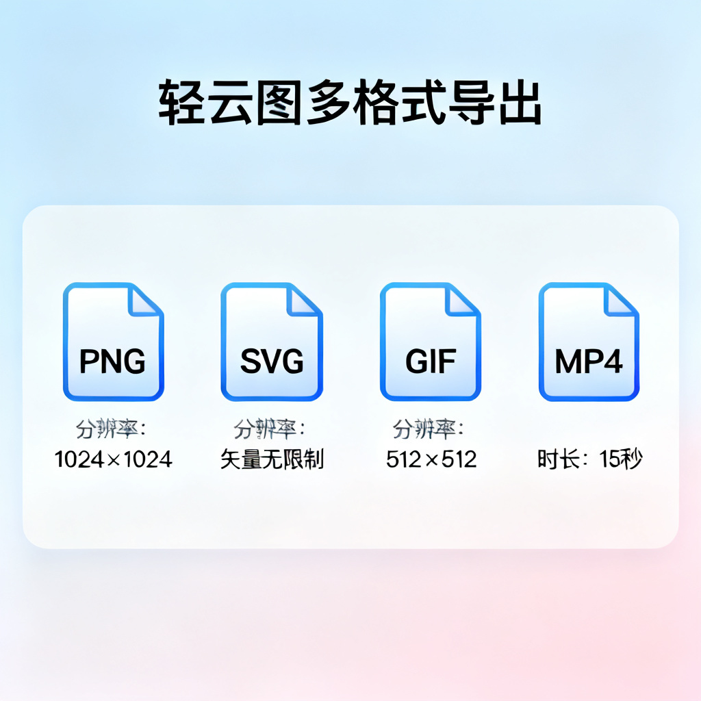 轻云图多格式导出界面，显示PNG、SVG、GIF、MP4四种格式图标，每个图标下方标注分辨率或时长，背景为渐变色