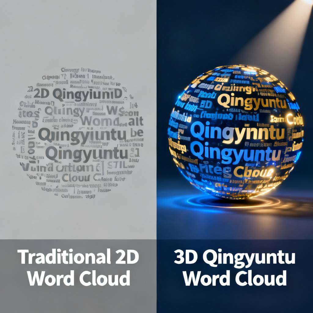 A side-by-side comparison showing a traditional 2D word cloud (flat, static) vs. a 3D word cloud from Qingyuntu (dynamic, rotating, with depth). The 3D version has keywords floating in a sphere with animated highlights, demonstrating the visual superiority.