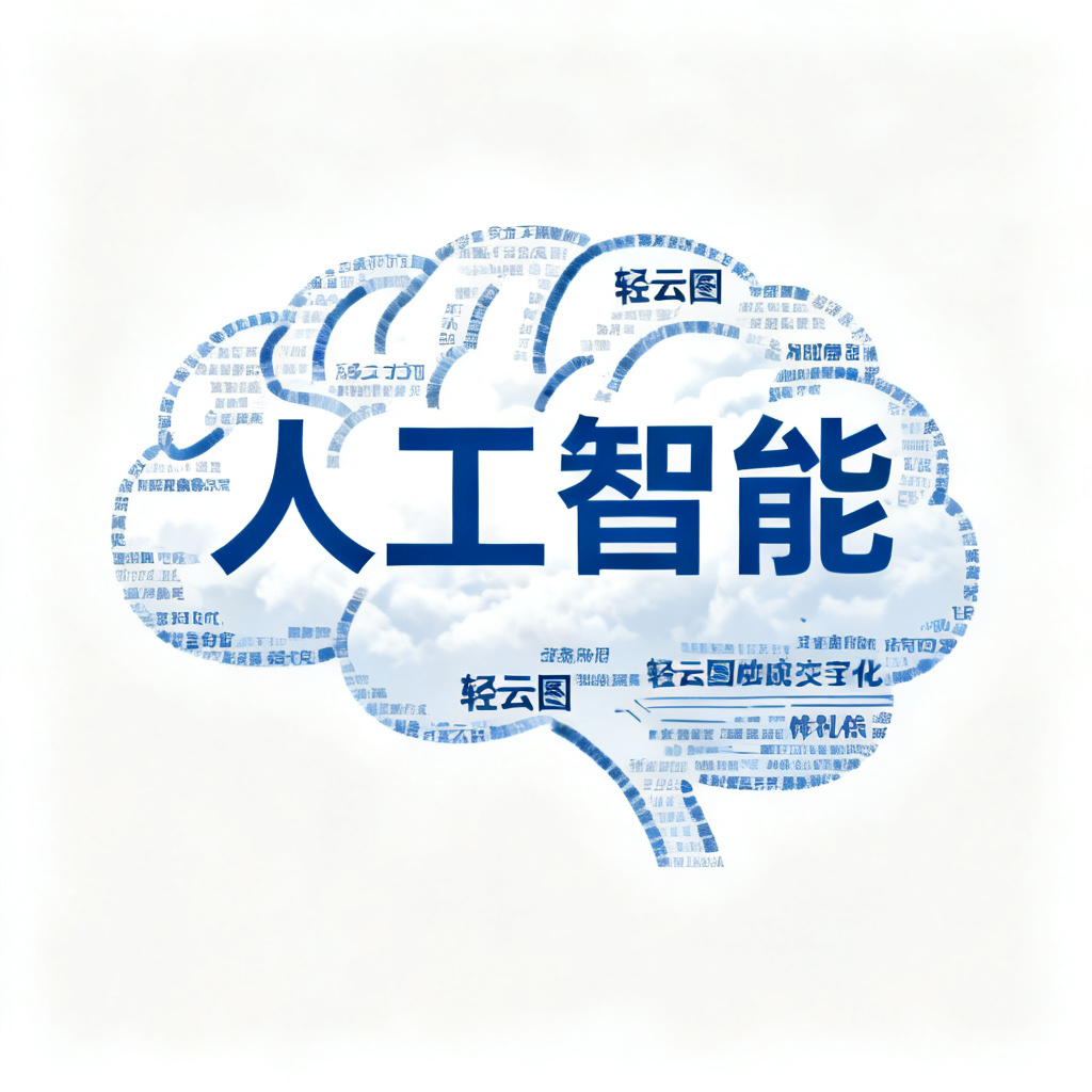 一张轻云图生成的文字云，形状为大脑，主题为“人工智能”，使用简洁的扁平化风格，背景为白色