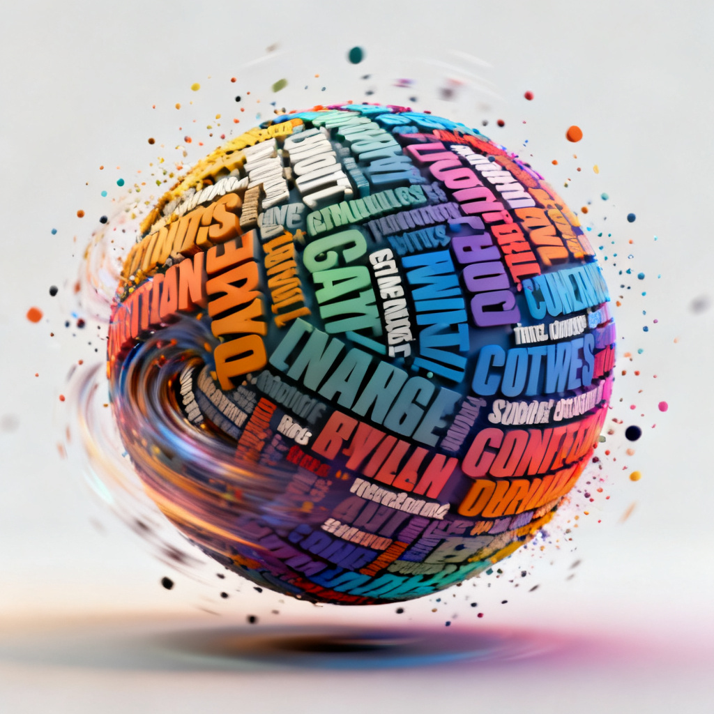 An animated GIF showing a text cloud transforming from a flat 2D shape into a rotating 3D sphere with particles flying around, words dynamically changing colors and sizes, with a smooth cinematic transition effect.