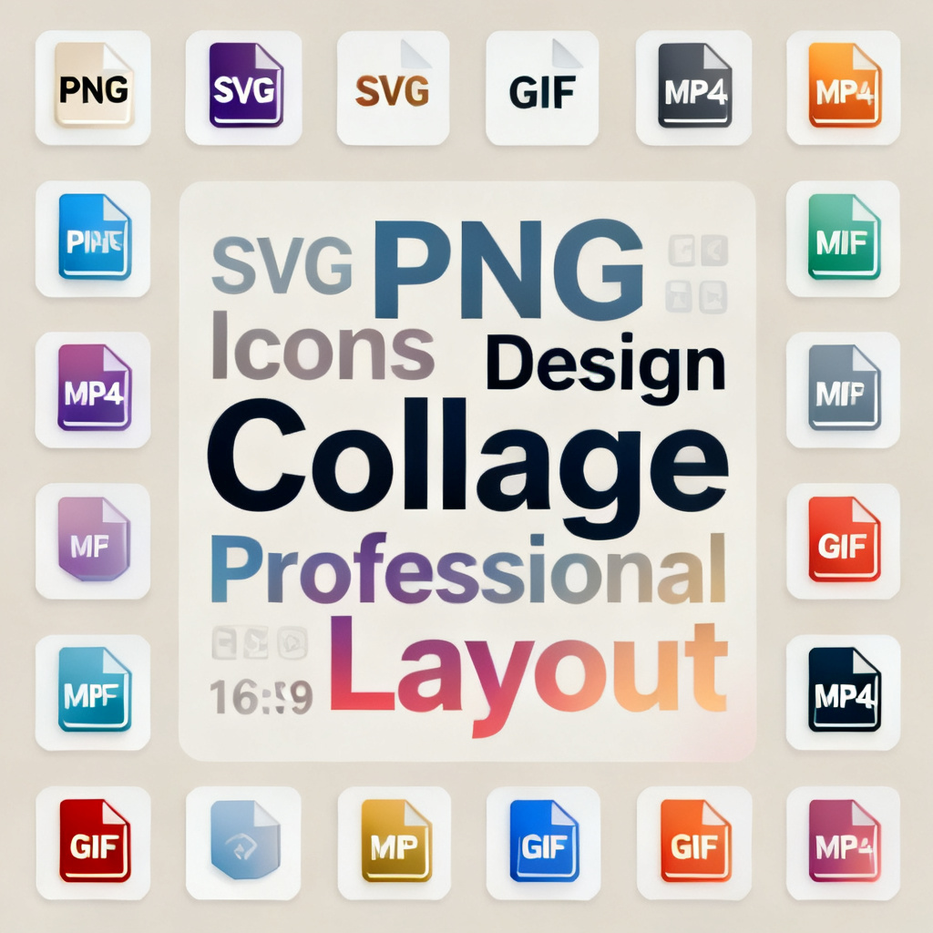 Collage of PNG, SVG, GIF, MP4 icons with word cloud examples, professional layout –ar 16:9
