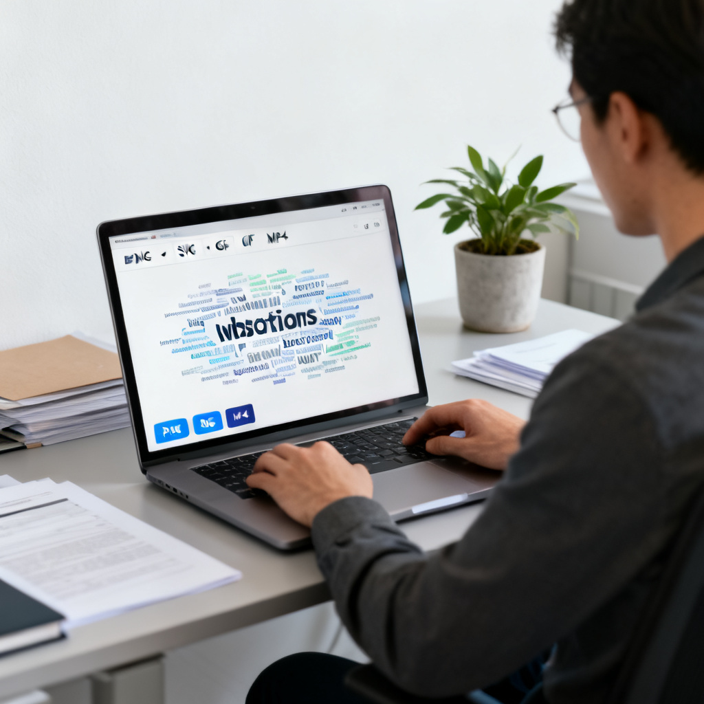 A person using a laptop with a word cloud interface, exporting files in PNG, SVG, GIF, and MP4 formats, clean office setting