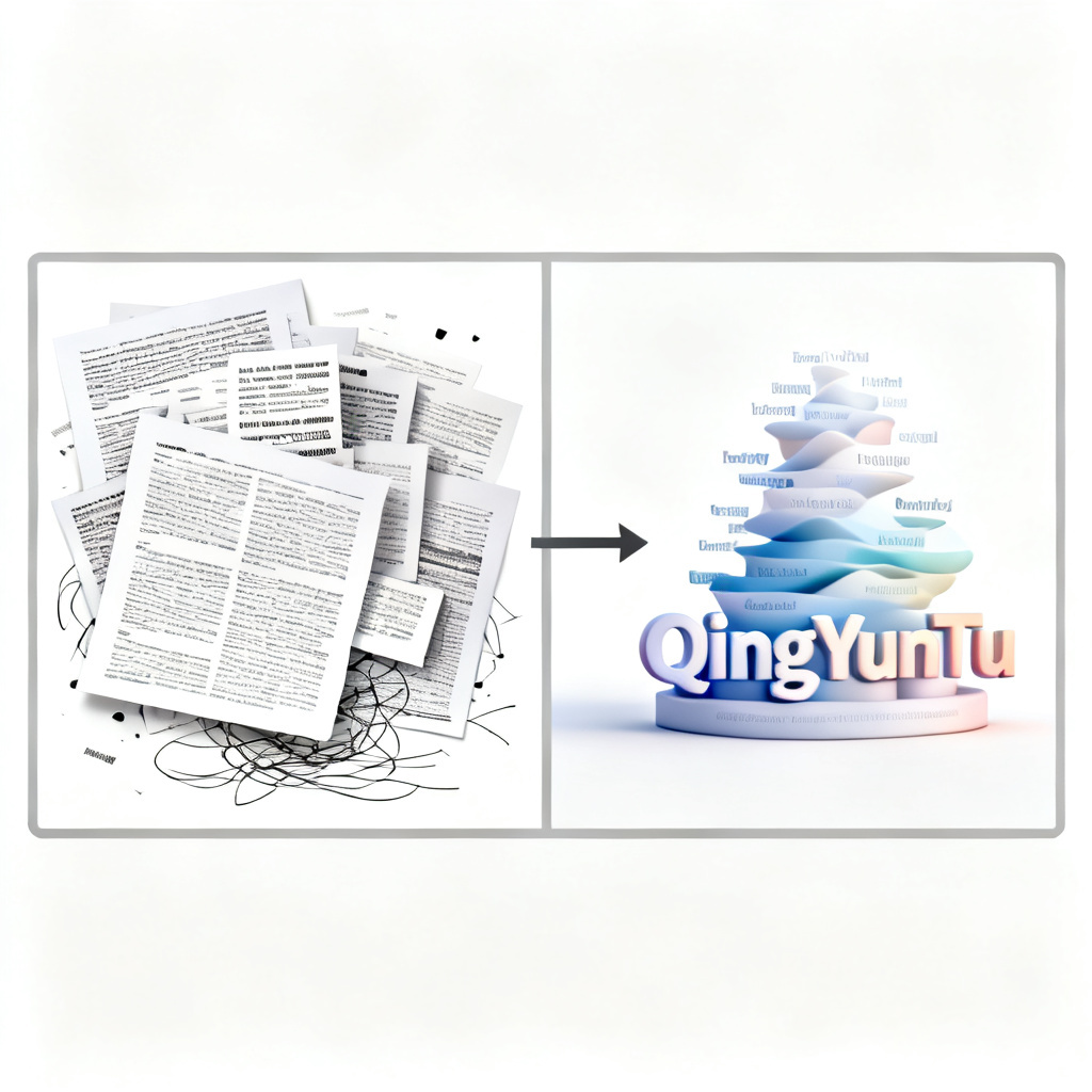 A split-screen comparison: left side shows a messy text document, right side shows a clean, animated 3D word cloud generated by 'QingYunTu', with arrows indicating the transformation, minimalist style