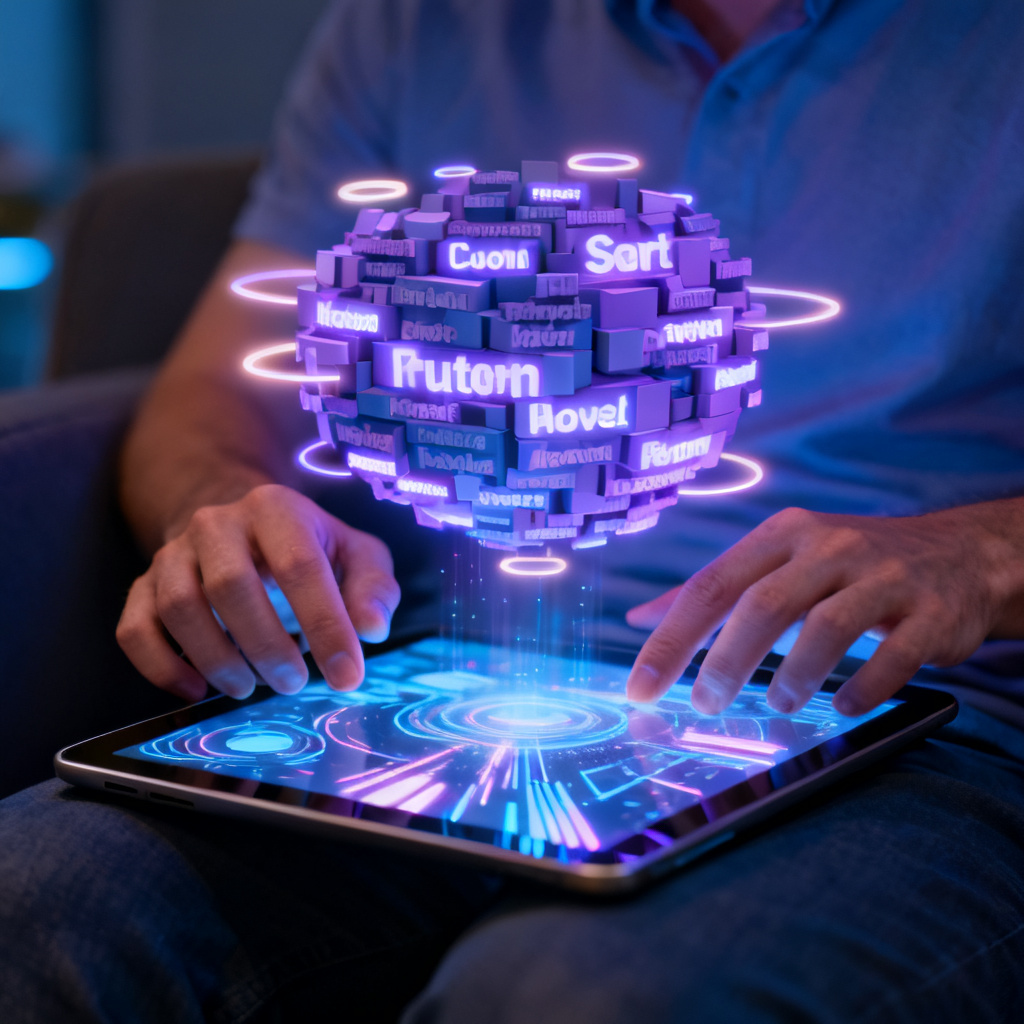 A person using a tablet to interact with a 3D word cloud model, the model floating above the screen, with glowing keywords and a futuristic interface