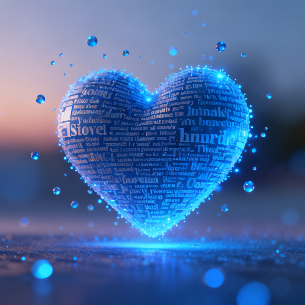 A 3D word cloud in heart shape, with glowing blue particles floating around, hovering above a blurred gradient background, cinematic lighting, 8k resolution