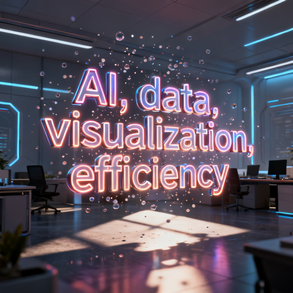 A 3D word cloud of 'AI, data, visualization, efficiency' floating in a futuristic office, with glowing neon edges and particles, cinematic lighting, 8K, hyper-realistic