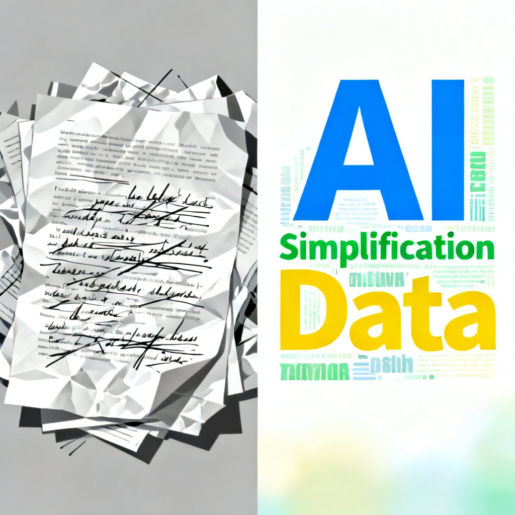 A split-screen showing a messy text document on the left and a clean, colorful 2D word cloud on the right, symbolizing AI simplification