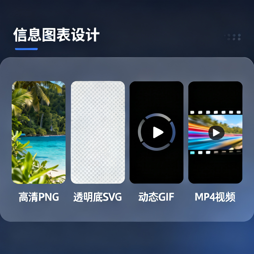 轻云图生成的多格式输出展示，包括高清PNG、透明底SVG、动态GIF和MP4视频，排列在屏幕上形成对比