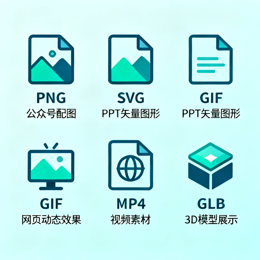 示意图：展示轻云图多种输出格式，包括PNG、SVG、GIF、MP4、GLB，每个格式图标旁附有对应应用场景（如公众号、PPT、网页、视频）。