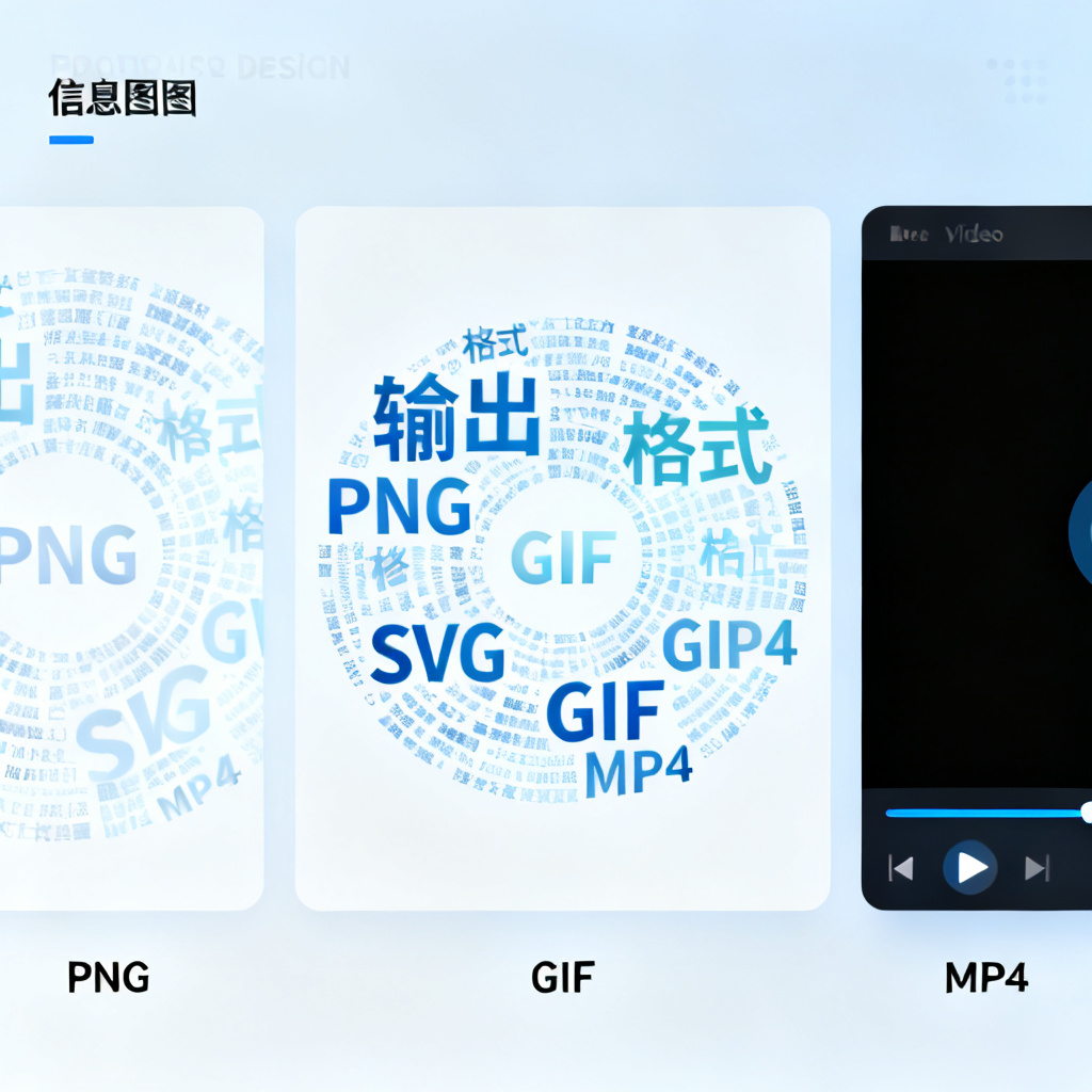 轻云图多格式输出示意,左侧为PNG静态图,中间为GIF动态图,右侧为MP4视频播放界面,文字云包含“输出”、“格式”、“PNG”、“SVG”、“GIF”、“MP4”等关键词