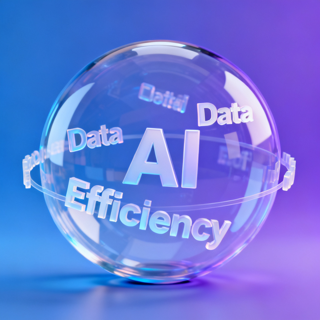 A 3D word cloud with dynamic rotation and zoom effects, displaying keywords like 'AI', 'Data', 'Efficiency' in a semi-transparent sphere, with blue and purple gradient background. The words appear to float and orbit around the center.