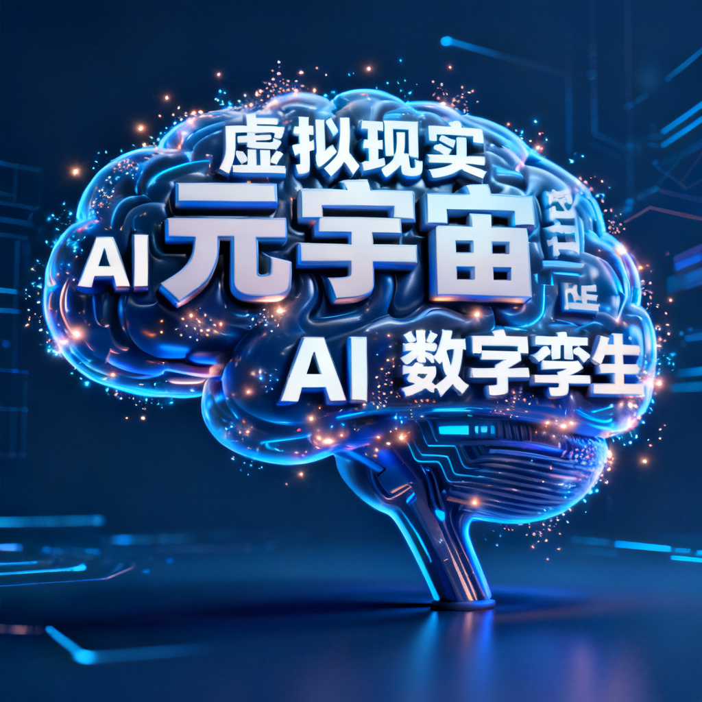 一个3D文字云，形状为大脑，关键词包括“元宇宙、AI、虚拟现实、数字孪生”，背景为深蓝色科技感，文字呈现发光粒子特效